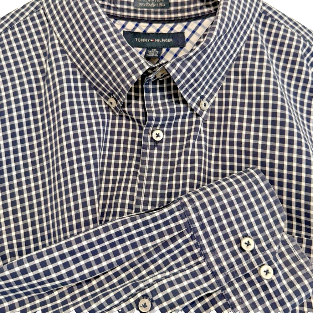 Tommy Hilfiger XXL Dress Shirt Blue White Plaid 80's 2 Ply Preppy Prep Classic - Picture 1 of 11